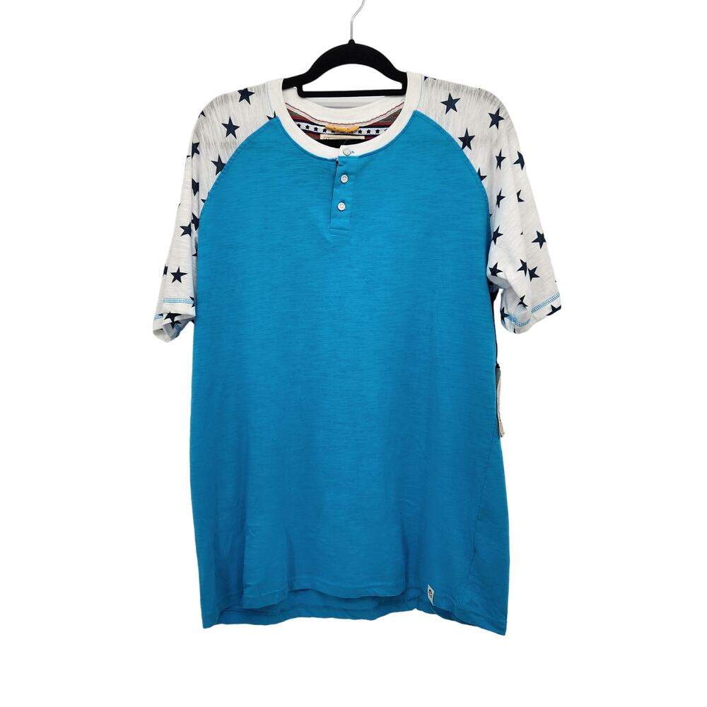 Free Planet Short Sleeve Henley Tee in Turquoise with White Star Sleeves